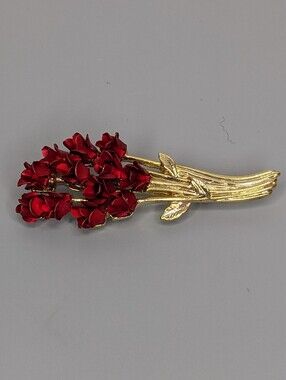 DMC97 Vintage Red Rose Bouquet Brooch Gold Tone Floral Pin 1990s Original Box